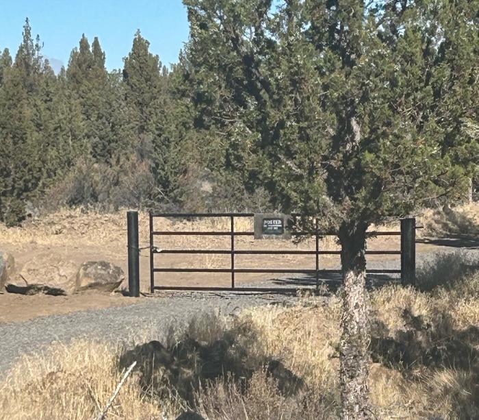 A metal ranch gate and gravel drive among junipers in the high desert